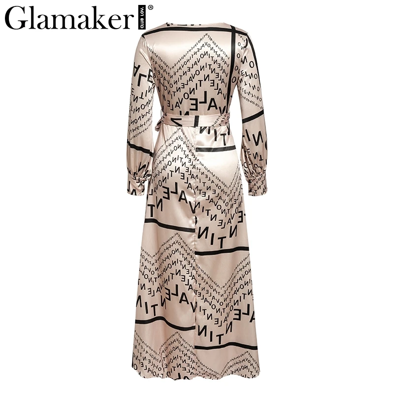 Glamaker vintage satin letter print long dress Wrap v-neck party robe Long sleeve sexy 2019winter vestidos de fiesta | Женская одежда