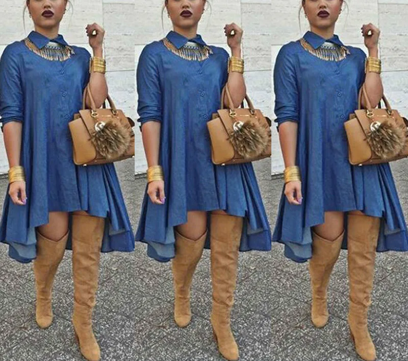 Модная женская джинсовая рубашка Повседневная Свободная с длинным рукавом мини