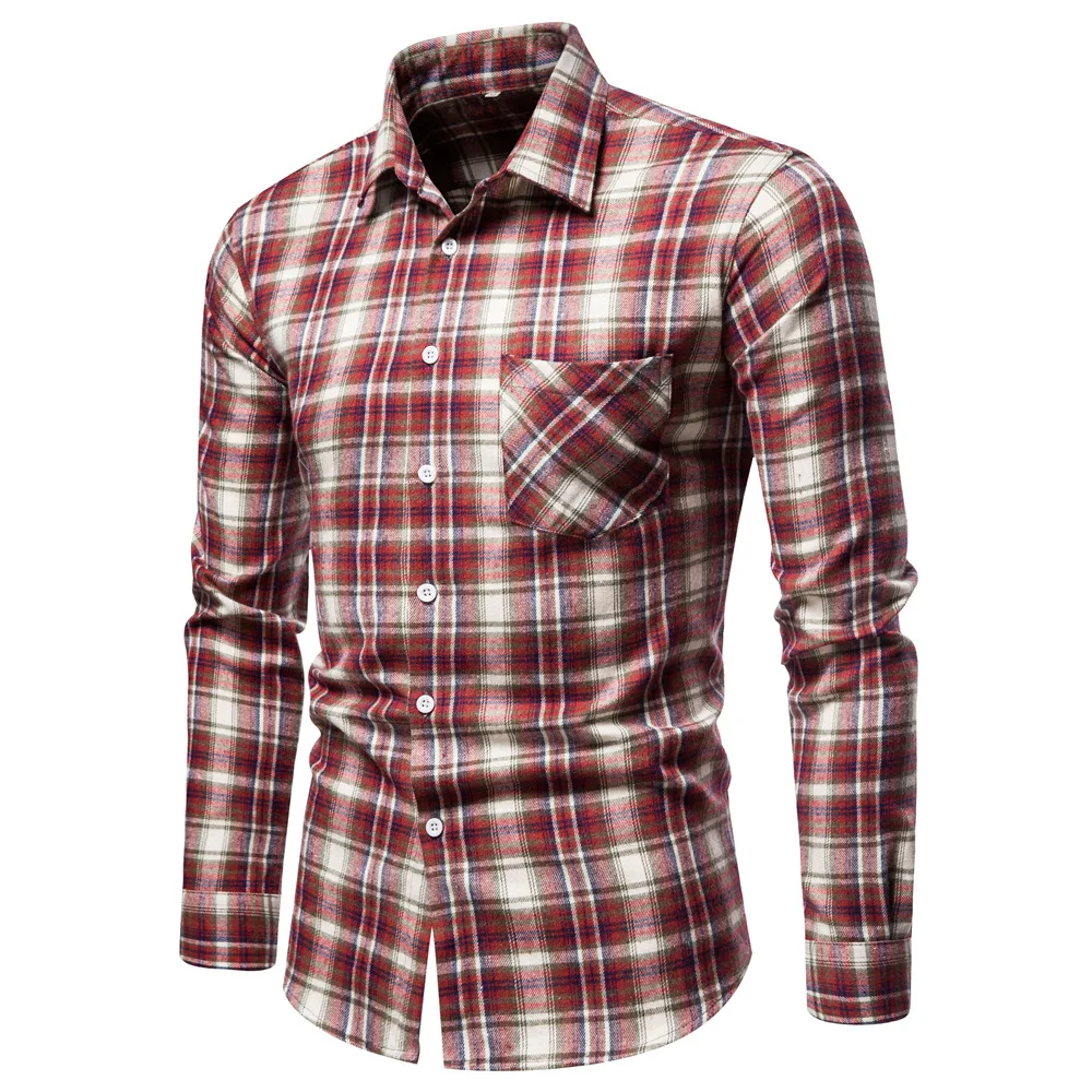

Рубашка мужская с длинным рукавом, модная блузка в клетку, красная Повседневная приталенная, на пуговицах, на весну-осень