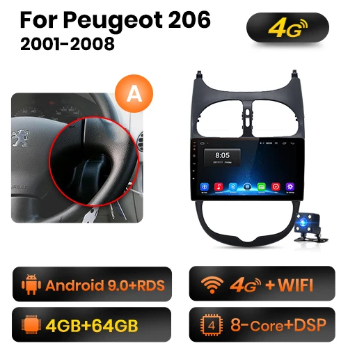4G-WIFI 4GB-64GB -A AWESAFE для peugeot 206 2001 2002 2003 2004-2008 Автомобиль Радио Мультимедийный видеоплеер gps без 2din 2 din Android 8,1 2 ГБ+ 32 ГБ - Цвет: 4G-WIFI 4GB-64GB -A