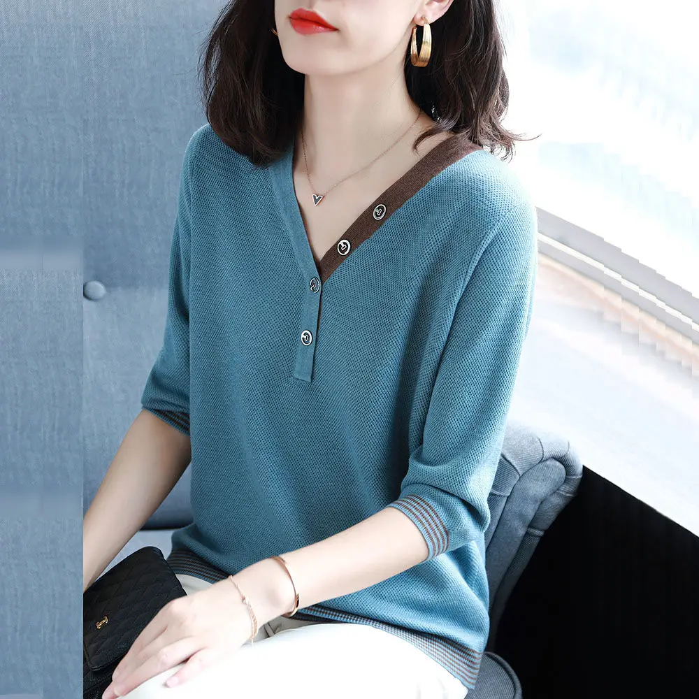 

Женская трикотажная рубашка, с V-образным вырезом и длинным рукавом