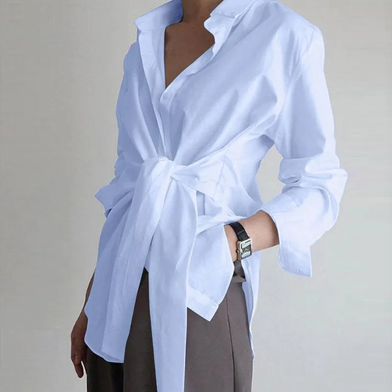 

Spring Autumn Fashion Button Loose Belt Whirt Shirt Vintage Blouse Women White Lady Long Sleeves Female Turn Down Collar Top