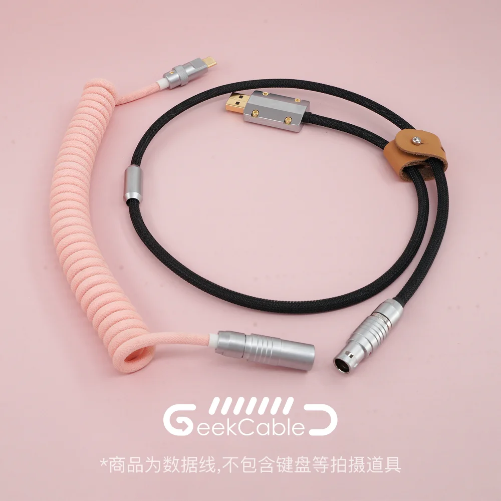 GeekCable Hand-made Customized Keyboard Data Aviation Spiral Line Rear Aviation Plug Series Pink Black Type-C Keyboard Cable