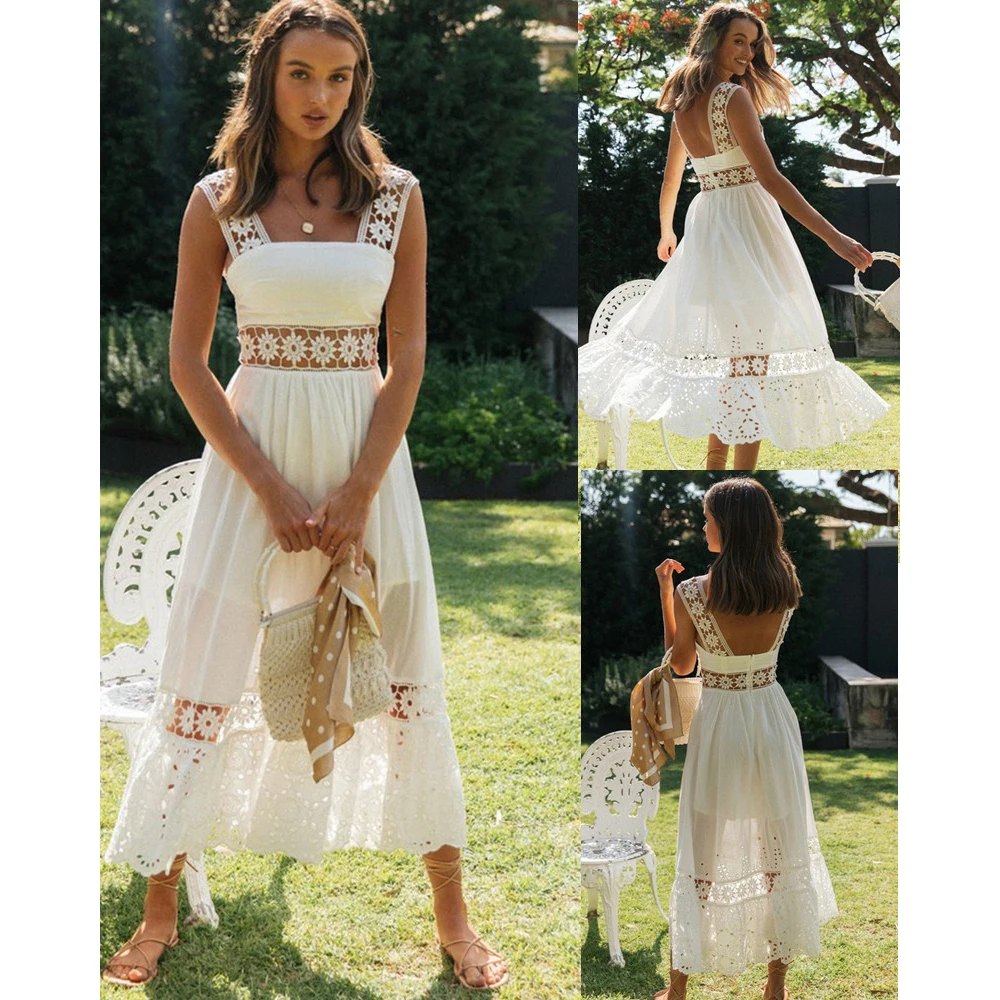 

Women's Maxi Dress Sexy Backless Solid Lace Hook Flower Hollow Patchwork Boho Tank Dresses 2021 For Women Party Robes Sundress