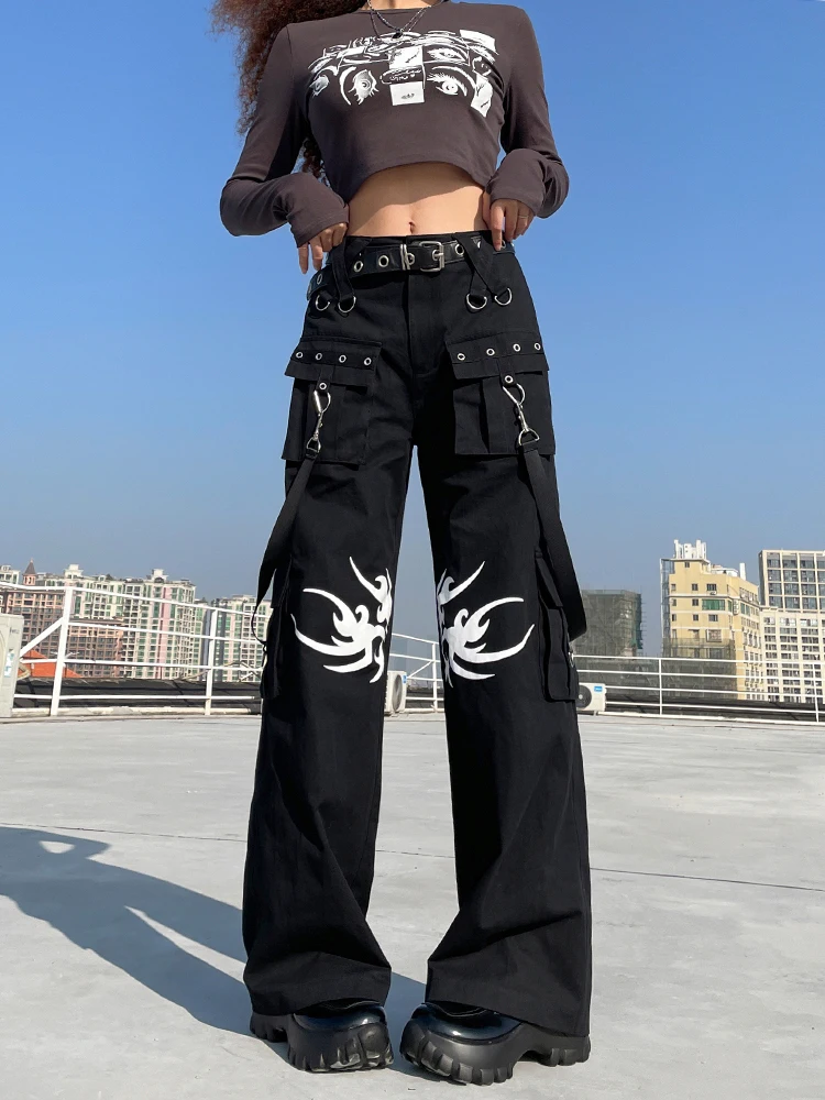 

HEYounGIRL Gothic Print Women Fashion WovenTrousers Hight Waist Casual Hip Hop Street Black Baggy Pants Harajuku 2022 Techwear