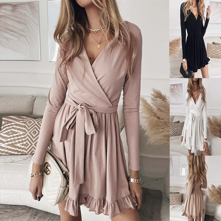 

New products 2021 autumn and winter new women's solid color lace V-neck long-sleeved ruffled dress
