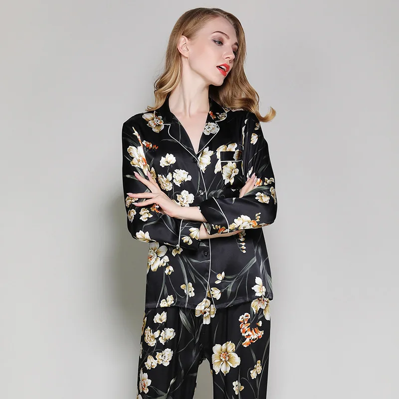 Women's Silk Pajamas Long Sleeve Two-Piece Loose Spring and Autumn Sexy Tracksuit Suit