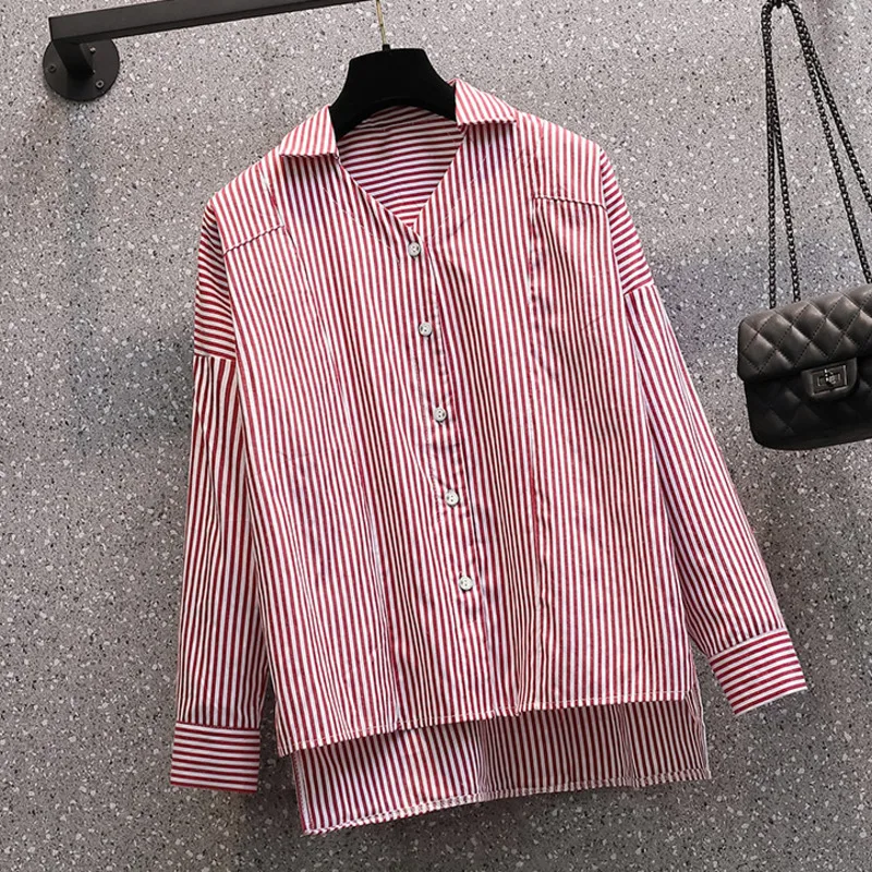 

Plus Size Clothes V-neck Shirts Women 2021 Spring Summer Classic Stripe Long Sleeve Loose Blouse Oversize Vintage Streetwear Top