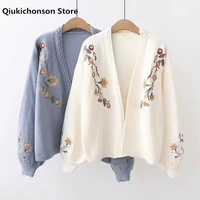 qiukichonson spring autumn women knitted cardigan vintage fashion open stitch flower embroidery sweater top mujer truien dames