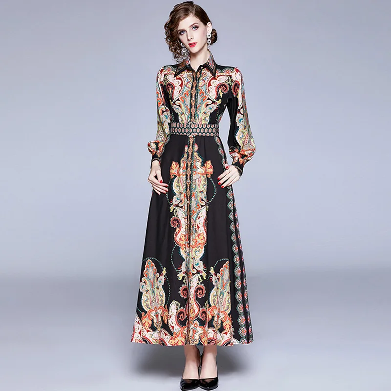 Женское длинное платье на пуговицах воротник 2019 рукав макси Хлопок Черный