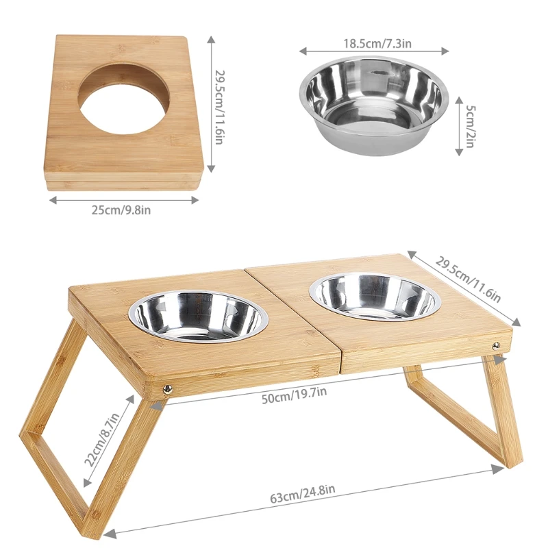 

95AA Food Water Bamboo Feeder with Stand Non-Slip Help the Stomach Digest the Food Protect the Pet Cervical Spine Practicalit