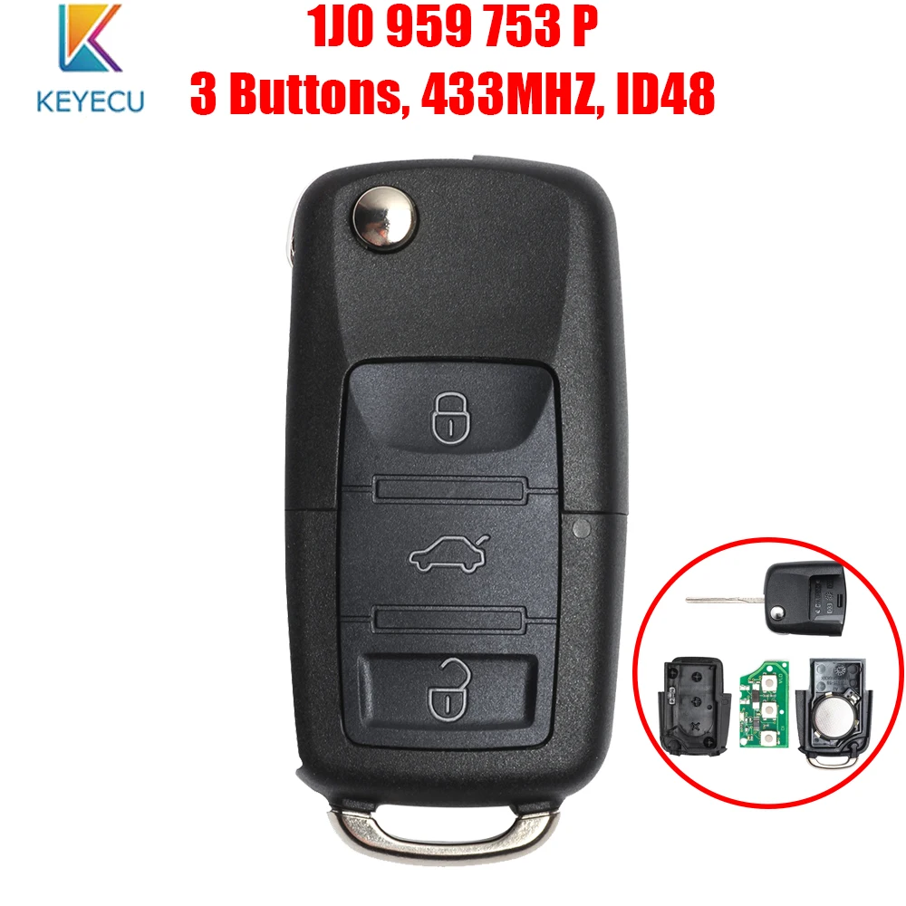 

Keyecu 1J0 959 753 P Flip Remote Car Key Fob 3 Buttons 433MHZ ID48 Chip for Volkswagen VW Beetle Volkswagen Beetle Jetta Passat