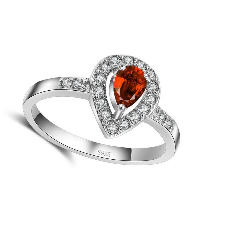 925 Sterling Silver Ring Luxurious Romantic Warm Style Droplet Shape Ornament Fire Red Crystal Stone For Women Wife