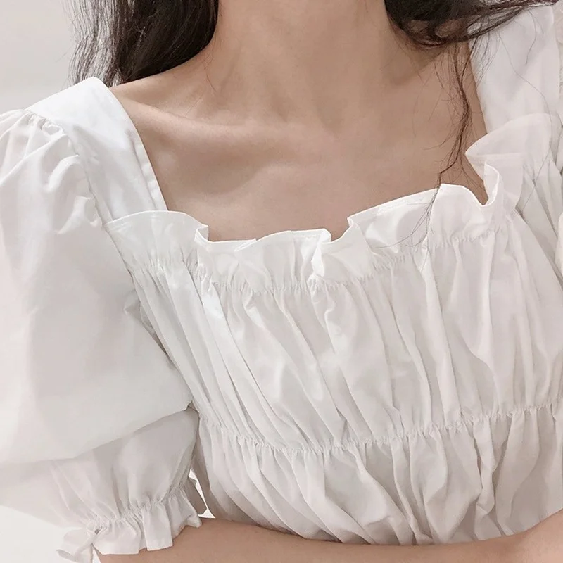 

Korean Pleated Off Shouder Blouse Women Summer Puff Short Sleeve Square Collar Woman Shirts Vintage Solid Slim Tops Blusas 14439