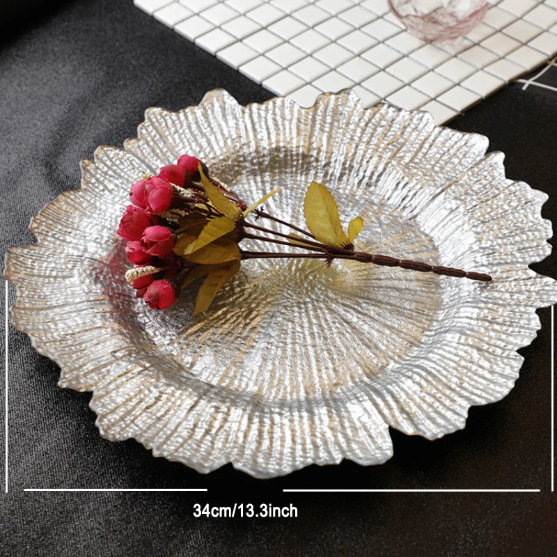 

Large Snowflake Shape Glass Storage Tray European Salad Plate Gold Lace Restaurant home TableTable Decoration Luxury Tableware