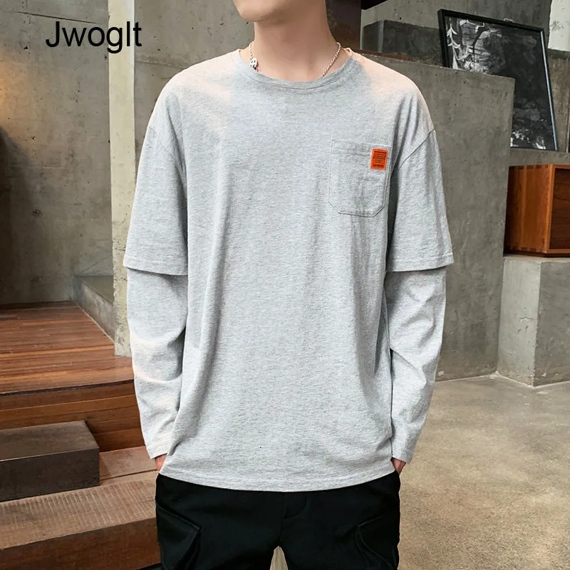 Осень Зима Новая мягкая поддельная футболка с двумя рукавами Мужская Однотонная