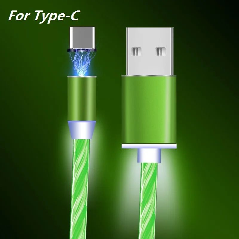 Магнитный зарядный кабель типа C, светящийся usb-кабель для iPhone XS Max XR X светодиодный USB C провод для быстрой зарядки для samsung huawei P20 - Цвет: Green For Type C