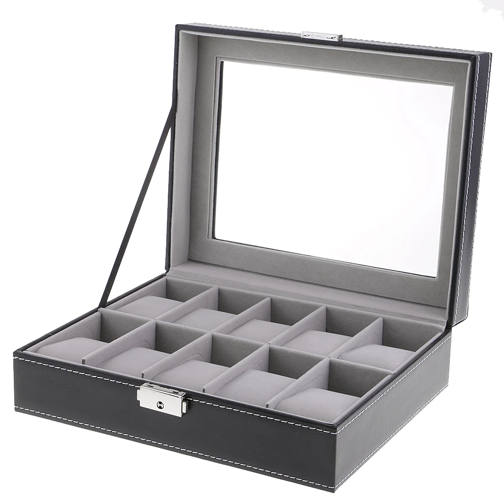 

10 Slots Solid Wood Watch Display Case Box Organizer Top Glass for Jewelry