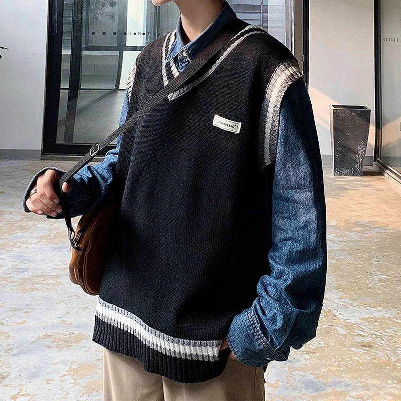 Свитер жилет для мужчин с v образным вырезом Болеро Лоскутные трикотажные пары Ins