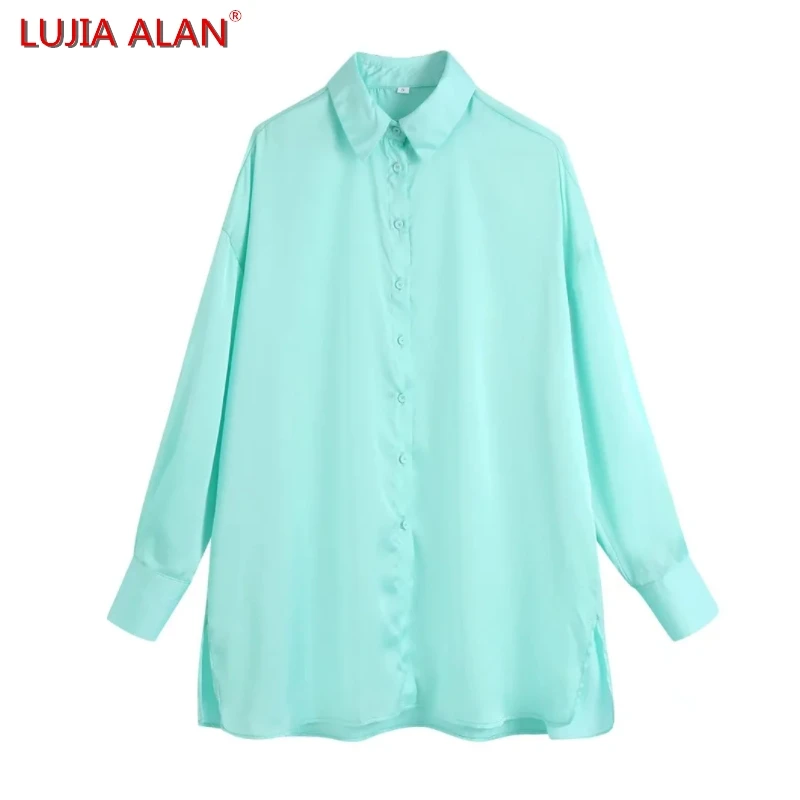 

LUJIA ALAN Women Neutral Minimalist Solid Satin Shirt Female Long Sleeve Blouse Casual Lady Loose Tops Blusas S9879