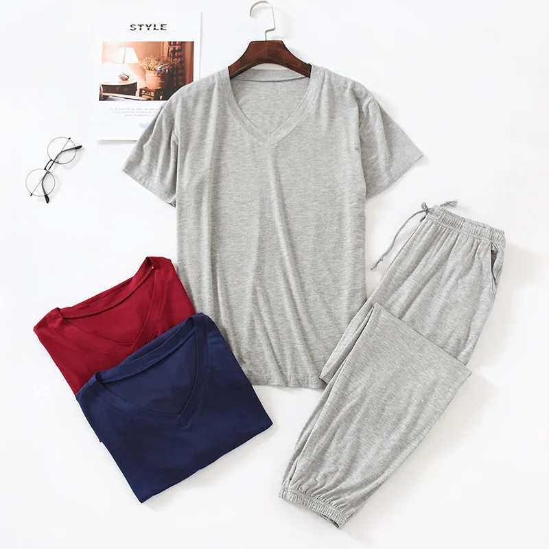 Japanese spring and summer men's pajamas suit modal viscose fiber short-sleeved trousers loose large size casual home wear