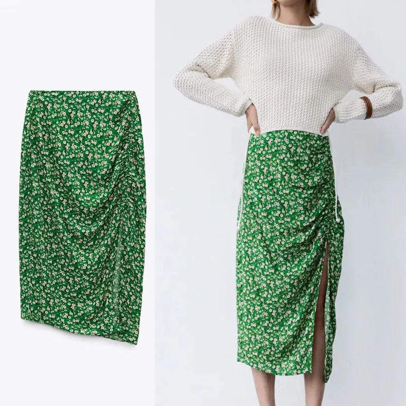 

Женская драпированная Юбка-миди Za, зеленая юбка с разрезом, рюшами, высокой талией и боковой молнией, летняя юбка с цветочным принтом, 2021