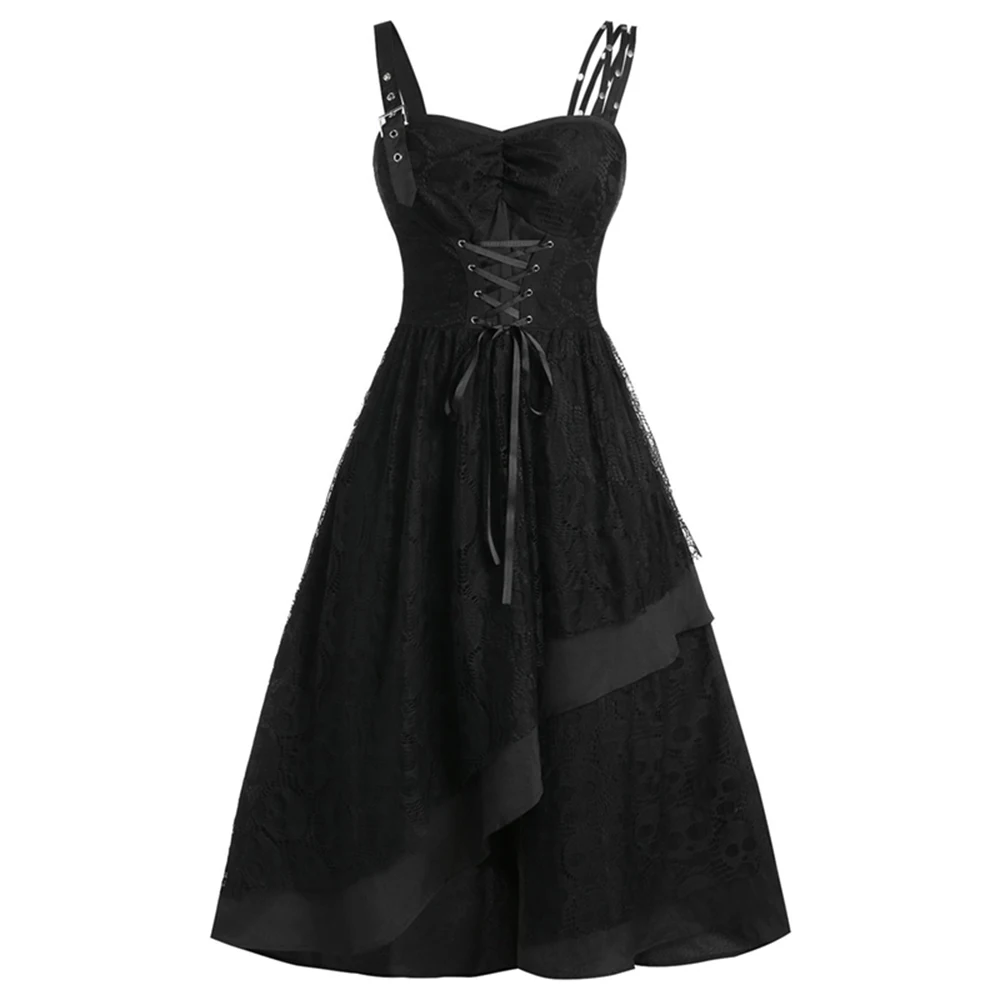 Imily Bela Gothic Sleeveless Dress Women Lace Up High Waist Splicing Ruffle Spaghetti Strapless Mini Sexy Vestidos | Женская одежда