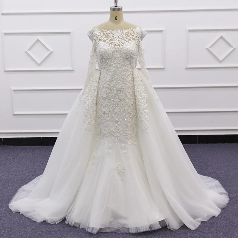 

Molanda Hung Elegant Lace Wedding Dress Boat Neck Appliques Beaded Mermaid Removable Train Beidal Gown Robe De Mariee SJ310