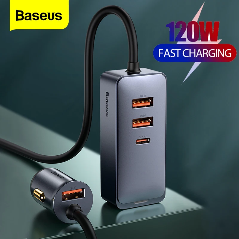Baseus 4 в 1 120 Вт USB Type C быстрая зарядка автомобильное зарядное устройство для телефона Быстрая зарядка Автомобильная сигарета зажигалка Expasion Adater PD QC для iPhone - изображение