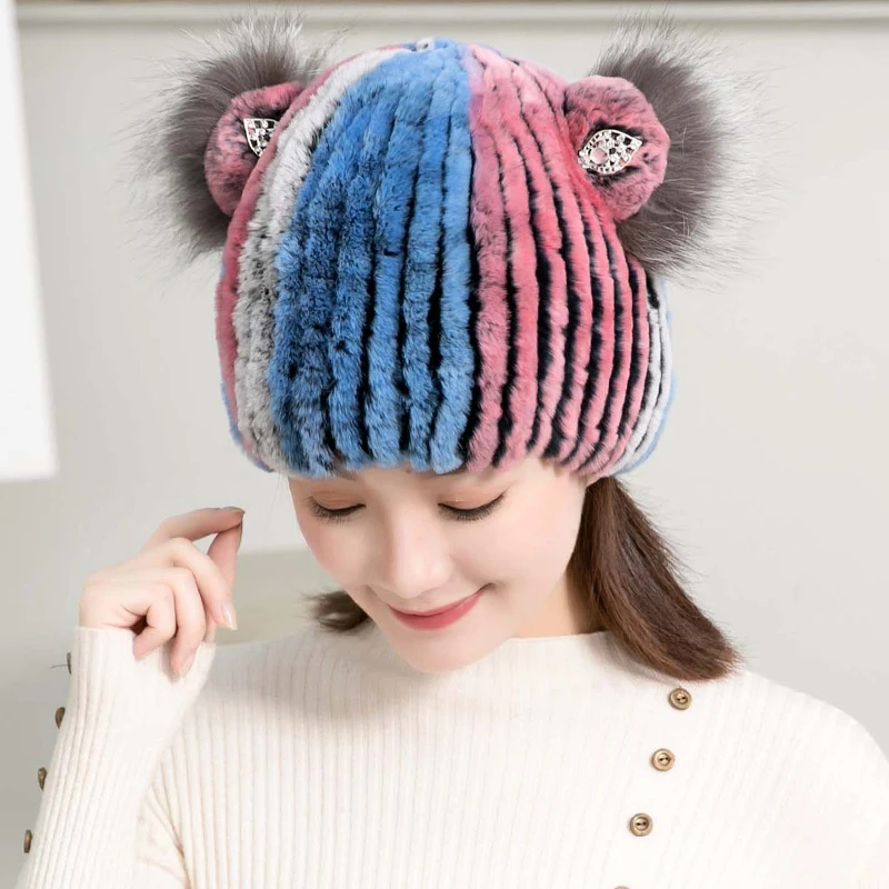 Меховая шапка женский зимний Настоящий мех кролика шапки с милыми кошачьими