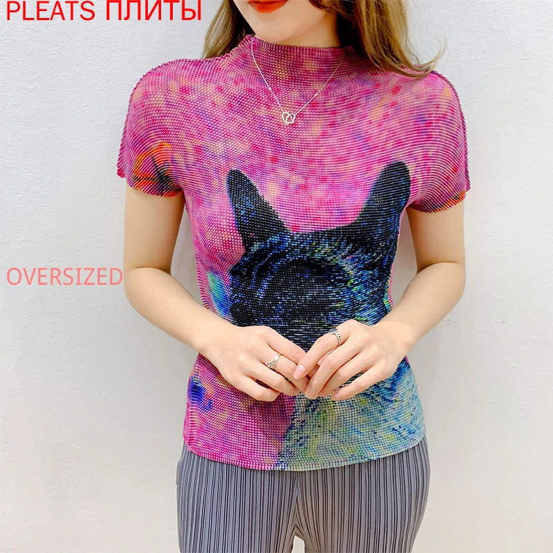 

Miyake Pleated Top Women's Summer Temperament Half-high Neck Short-sleeved T-shirt Cat Print Bottoming Pleats Shirt