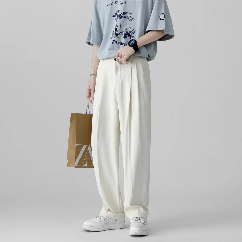 

Summer Thin Casual Pants Men's Fashion Black White Wide-leg Pants Men Korean Loose Breathable Ice Silk Pants Mens Trousers S-XL