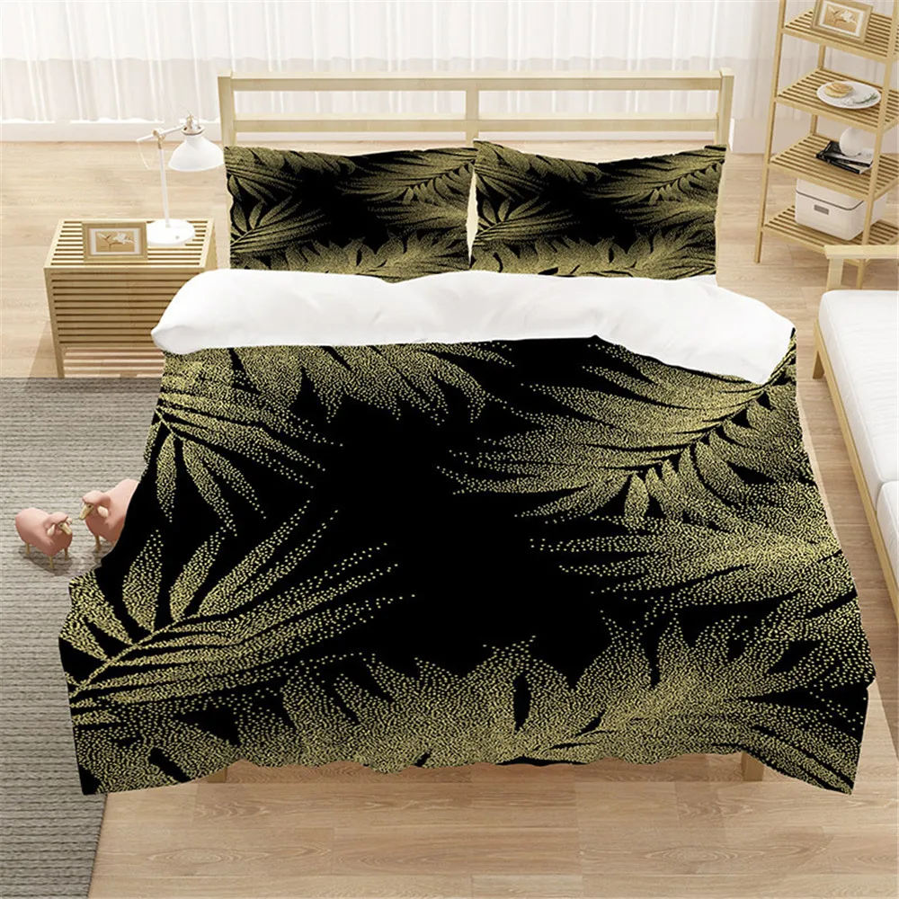 

Nature Bedding Set Tropical Monstera and Palm Leaves 3 Piece Black Gold Trendy Duvet Cover