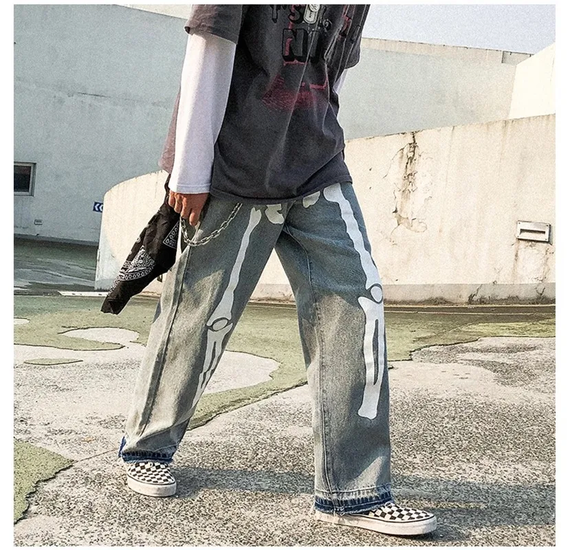 

Men Skeleton Oversized Black Jeans Pants 2021 Denim Mens Streetwear Hip Hop Harem Pants High Waist Denim Pants Overalls New
