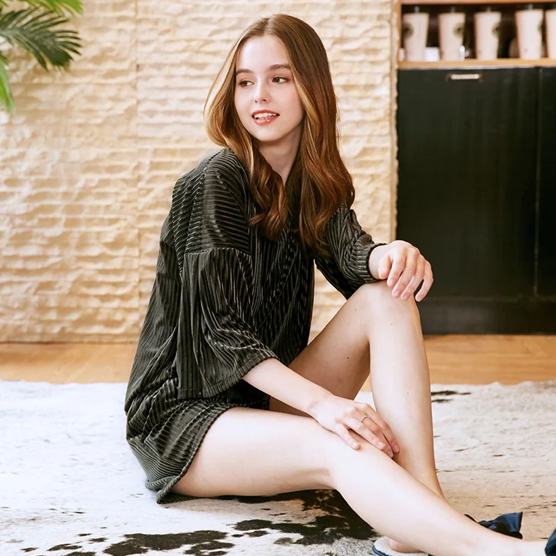 Женский пижамный комплект однотонная Вельветовая одежда для сна с круглым