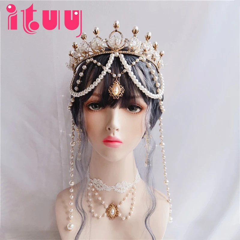 

Handmade Lolita KC Apollo Sun Crown Church Angel Hanfu Gorgeous Crystal Pearl Tassels Wedding Crown Send Free Necklace Gift