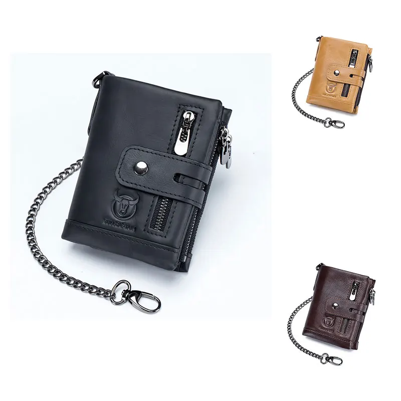 

BULLCAPTAIN RFID Genuine Leather Men Wallet Coin Purse Small Mini Card Holder Chain Male Walet Pocket