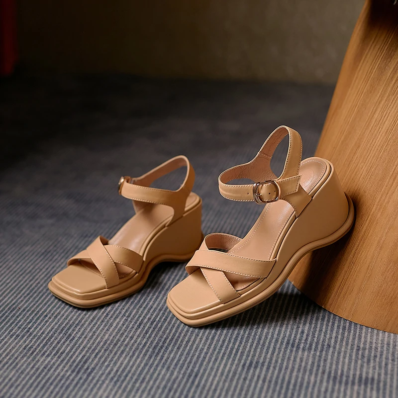 

2021 High Heels Wedges Women Sandals Classic Casual Shoes Buckle Summer Top Quality Genuine Leather Sandals Women