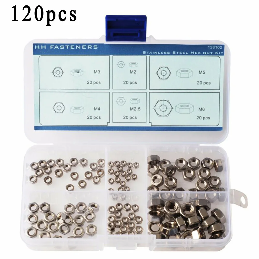 120 шт Шестигранная гайка из нержавеющей стали + коробка с резьбой в ассортименте M2