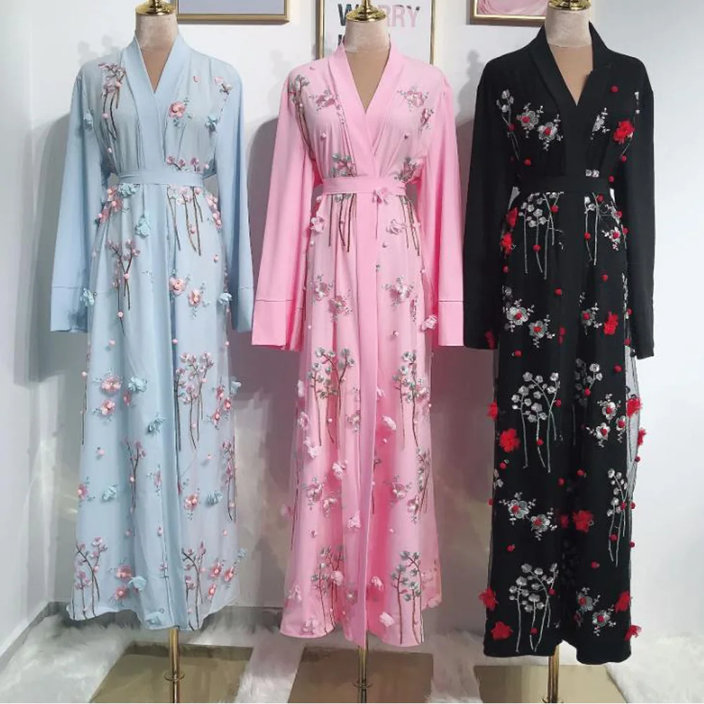 Модное мусульманское Розовое Кимоно с цветочной вышивкой Abayas Дубай Арабский