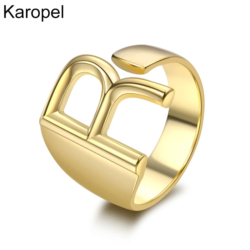 

Karopel Chunky Wide Hollow A-Z Letter Gold Color Metal Adjustable Open Rings Initials Name Alphabet Female Party Fashion Jewelry