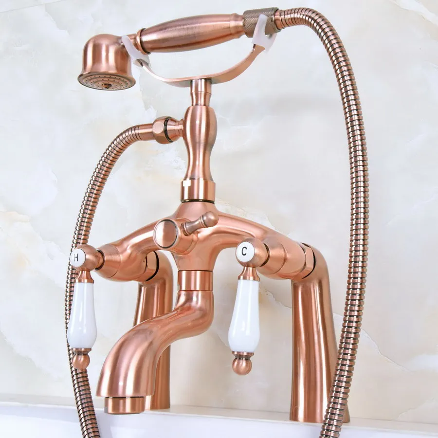 

Deck Mount Claw-foot Bathtub Faucet Tub Filler Handheld Shower Antique Red Copper Brass Dual Ceramic Handles ana165