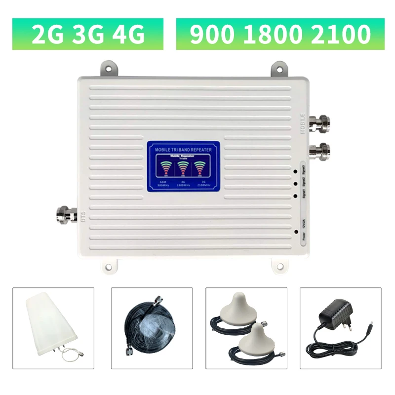 Amplificador de Sinal Repetidor Celular Wcdma 900 1800 2100 Tri Banda 2g 3g 4g Sinal Impulsionador Móvel 2 Antenas Internas Conjunto Gsm Dcs