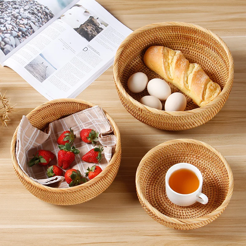 

Country Style Hand-Woven Round Rattan Basket Fruit Tea Snack Bread Picnic Storage Box Household Tools Kitchen Supplies