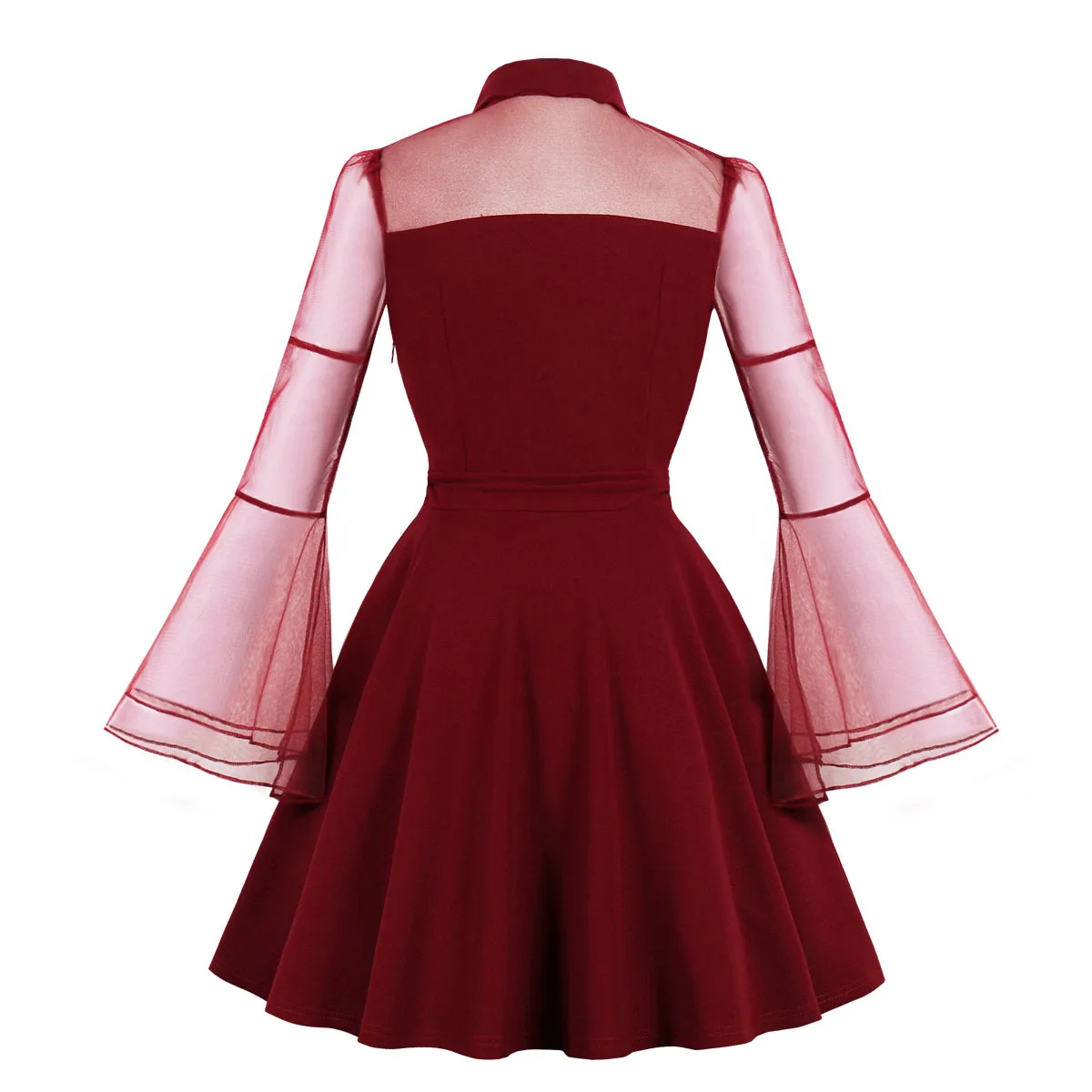 

New Style Plus-sized Women's Clothing Halloween Black Queen Mesh Bell Sleeve Panel Retro Dress