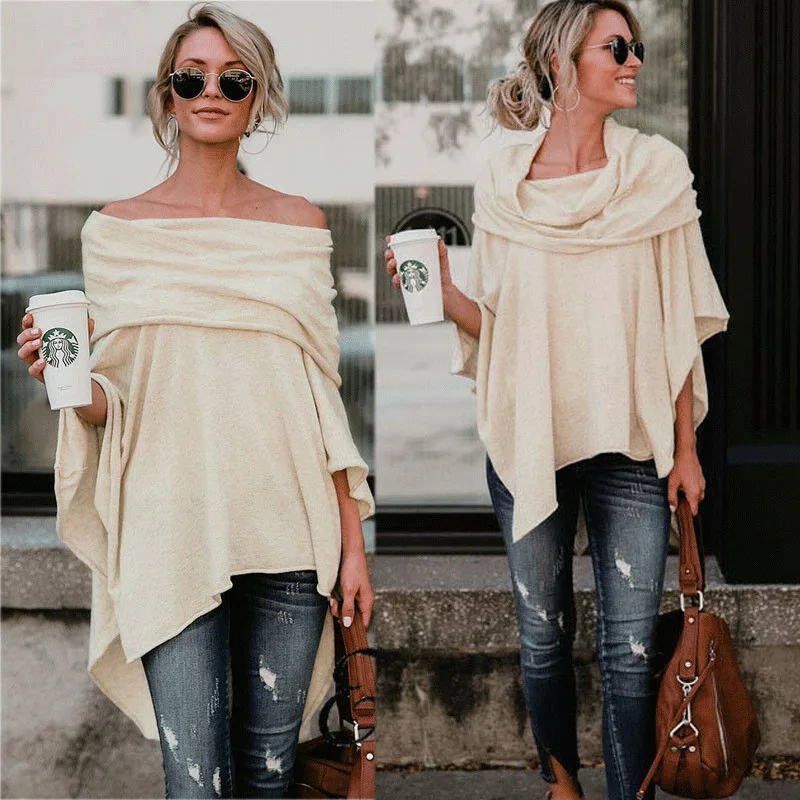 Женский вязаный с открытыми плечами свитер рукавом летучая мышь свободный