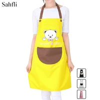 cute cartoon bear pattern printed two color mix solid color design polyester adult sleeveless apron large pocket hanging neck