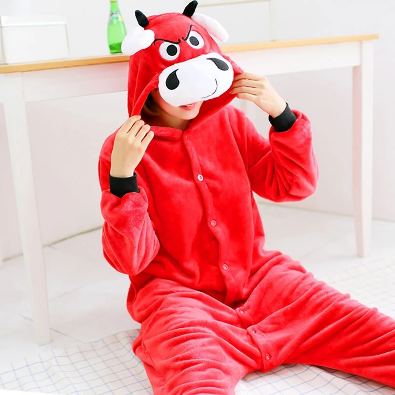 Unisex Kigurumi Adults Animal Pajamas Anime Onesie Bull OX Flannel Cartoon Cute Warm Cosplay Sleepwear