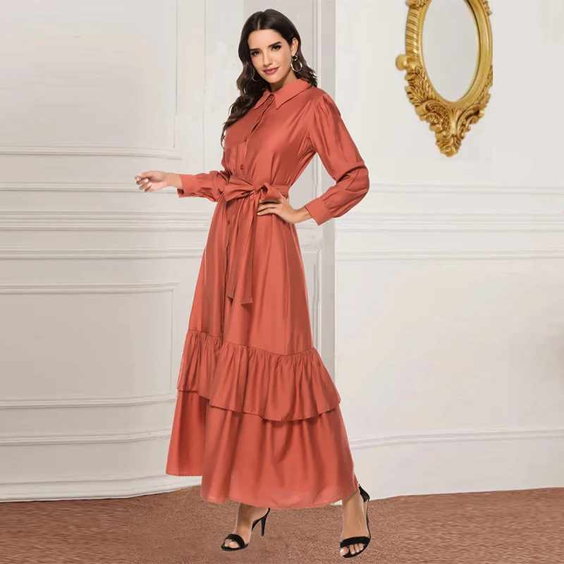 Мусульманское платье Дубай Турция элегантное модное с отворотом и поясом