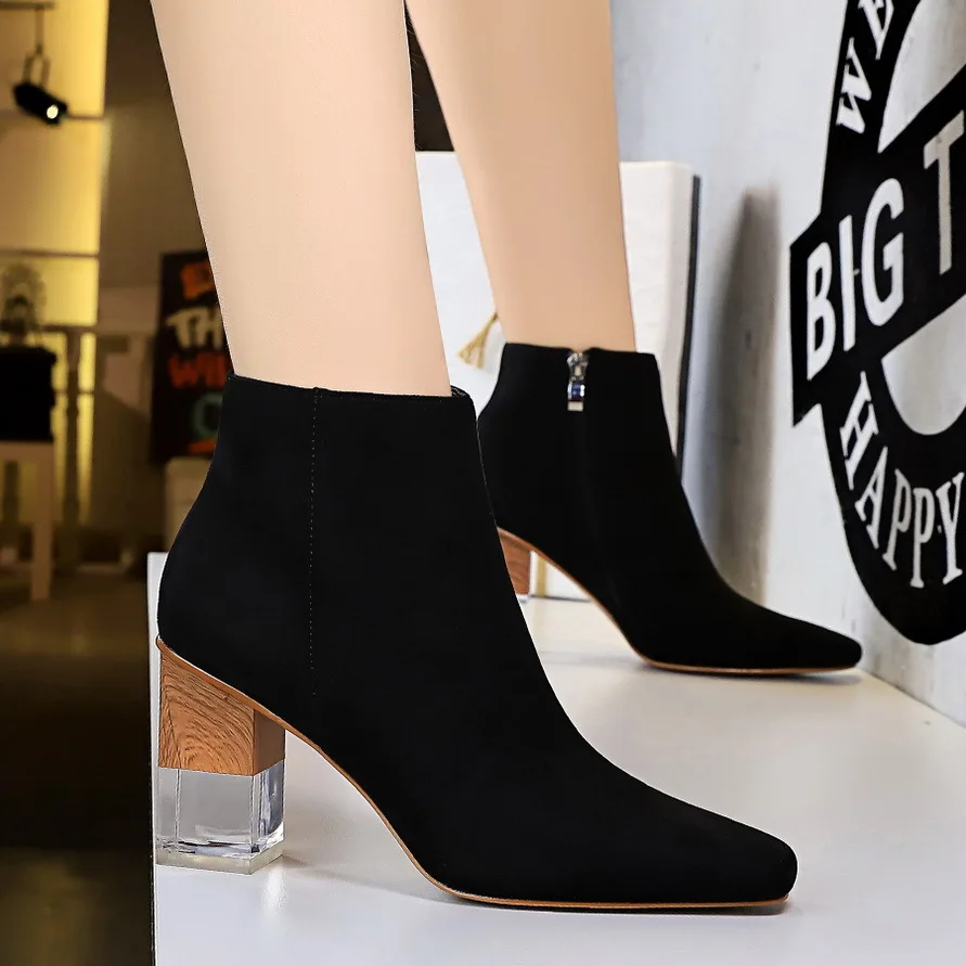 

Top quality New Womens Short Boots Female Pointed Toe Thick Heel High Heel Ankle Boots Flock Zipper Single Boots Autumn Size 40